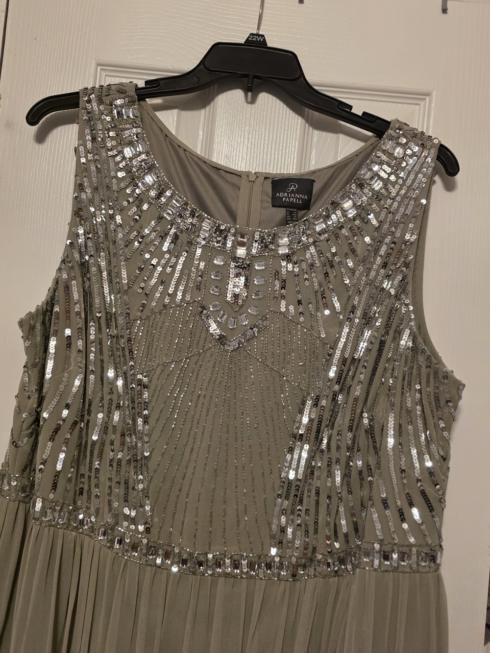 Adrianna Papell Olive-Grey Sequin Beaded Sleeveless Gown